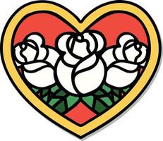 sticker van tatoeëren in traditioneel stijl van een hart en bloemen vector