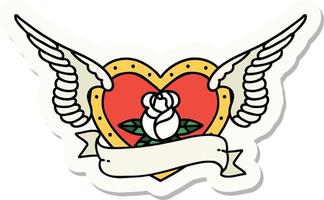 sticker van tatoeëren in traditioneel stijl van een vliegend hart met bloemen en banier vector