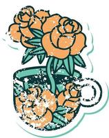 iconisch verontrust sticker tatoeëren stijl beeld van een kop en bloemen vector