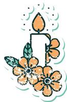 iconisch verontrust sticker tatoeëren stijl beeld van een kaars en bloemen vector