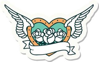 sticker van tatoeëren in traditioneel stijl van een vliegend hart met bloemen en banier vector