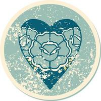 iconisch verontrust sticker tatoeëren stijl beeld van een hart en bloemen vector