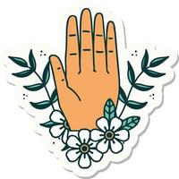 sticker van tatoeëren in traditioneel stijl van een hand- en bloem vector