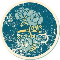 iconisch verontrust sticker tatoeëren stijl beeld van een kop en bloemen vector