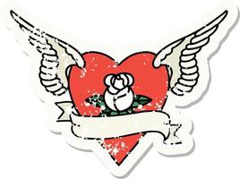 verontrust sticker tatoeëren in traditioneel stijl van hart met Vleugels een roos en banier vector