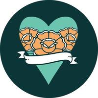 iconisch tatoeëren stijl beeld van een hart en banier met bloemen vector