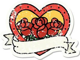 verontrust sticker tatoeëren in traditioneel stijl van een hart en banier met bloemen vector