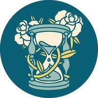 iconisch tatoeëren stijl beeld van een uur glas en bloemen vector