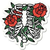 sticker van tatoeëren in traditioneel stijl van een rib kooi en bloemen vector