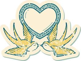 iconisch verontrust sticker tatoeëren stijl beeld van zwaluwen en een hart vector