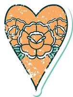 iconisch verontrust sticker tatoeëren stijl beeld van een hart en bloemen vector