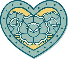 sticker van tatoeëren in traditioneel stijl van een hart en bloemen vector