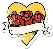verontrust sticker tatoeëren in traditioneel stijl van een hart en banier met bloemen vector