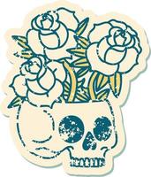 iconisch verontrust sticker tatoeëren stijl beeld van een schedel en rozen vector