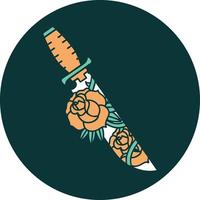 iconisch tatoeëren stijl beeld van een dolk en bloemen vector