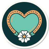 sticker van tatoeëren in traditioneel stijl van een hart en bloem vector