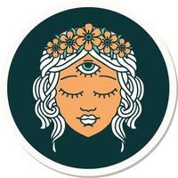 sticker van tatoeëren in traditioneel stijl van vrouw gezicht met derde oog en kroon van bloemen vector