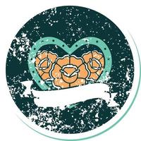 iconisch verontrust sticker tatoeëren stijl beeld van een hart en banier met bloemen vector