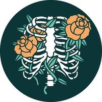 iconisch tatoeëren stijl beeld van een rib kooi en bloemen vector