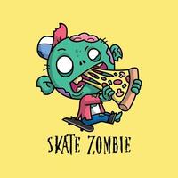 een griezelig het schaatsen zombie is bijten een plak van pizza tekenfilm illustratie vector