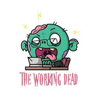 een griezelig zombie arbeider is werken Aan zijn laptop tekenfilm illustratie vector