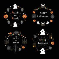 gelukkig halloween partij etiket icoon cirkel vorm met geest huis kasteel, pompoenen , geest, spin en graf Aan zwart achtergrond met ster en silhouet dood bomen vector illustratie