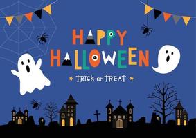 gelukkig halloween truc of traktatie poster kaart met geest huis kasteel, pompoenen , geest, spin en graf Bij nacht achtergrond met ster en silhouet dood bomen vector illustratie