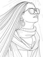 jong meisje met lang haar- vervelend bril en sjaal in tekening stijl, modieus prinses illustratie kleur boek, kleur bladzijde voor kinderen en volwassenen.eps vector