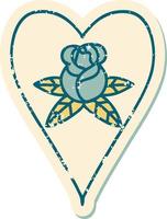 iconisch verontrust sticker tatoeëren stijl beeld van een hart en bloemen vector