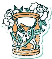 iconisch verontrust sticker tatoeëren stijl beeld van een uur glas en bloemen vector