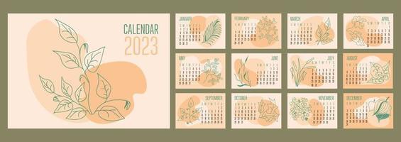 vector horizontaal kalender 2023 modieus abstract vormen met hand- getrokken botanisch planten. week begint Aan zondag.