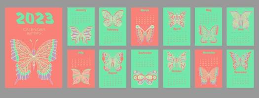 kalender 2023 met vlinder in zentangle stijl. week begint Aan zondag. vector