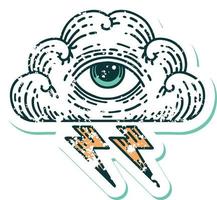 iconisch verontrust sticker tatoeëren stijl beeld van een allemaal zien oog wolk vector