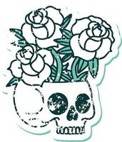 iconisch verontrust sticker tatoeëren stijl beeld van een schedel en rozen vector