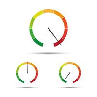 reeks van gemakkelijk vector toerentellers met indicatoren in rood, geel en groen een deel, snelheidsmeter icoon, prestatie meting symbool geïsoleerd Aan wit achtergrond