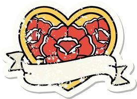 traditioneel verontrust sticker tatoeëren van een hart en banier met bloemen vector