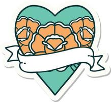 tatoeëren stijl sticker van een hart en banier met bloemen vector