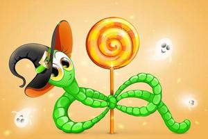 schattig tekenfilm grappig groen worm in heks hoed Holding lolly met vliegend geesten. halloween concept vector