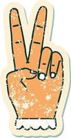grunge sticker van een vrede symbool twee vinger hand- gebaar vector