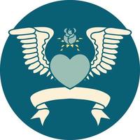 tatoeëren stijl icoon met banier van een hart met Vleugels vector