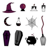 hekserij magie items tekening geïsoleerd set. halloween hand- getrokken toverdrank, bezem, magie bal, heks hoed, kaarsen, ketel, doodskisten. vector magisch heks items illustratie