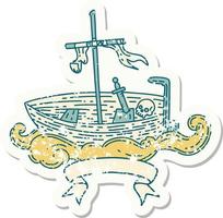 versleten oud sticker van een tatoeëren stijl leeg boot met schedel vector