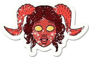 grunge sticker van een tiefling karakter gezicht vector