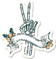 versleten oud sticker met banier van een skelet geven een vrede teken vector