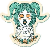 grunge sticker van een tiefling met natuurlijk twintig Dobbelsteen rollen vector