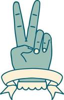 retro tatoeëren stijl vrede twee vinger hand- gebaar met banier vector