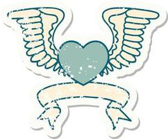 grunge sticker met banier van een hart met Vleugels vector