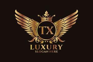 luxe Koninklijk vleugel brief TX kam goud kleur logo vector, zege logo, kam logo, vleugel logo, vector logo sjabloon.