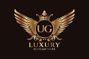 luxe Koninklijk vleugel brief ug kam goud kleur logo vector, zege logo, kam logo, vleugel logo, vector logo sjabloon.