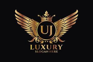 luxe Koninklijk vleugel brief uj kam goud kleur logo vector, zege logo, kam logo, vleugel logo, vector logo sjabloon.